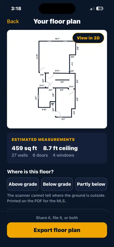 A finished floor plan in EdgeFloor with wall lengths, doors, windows, stairs and total square footage
